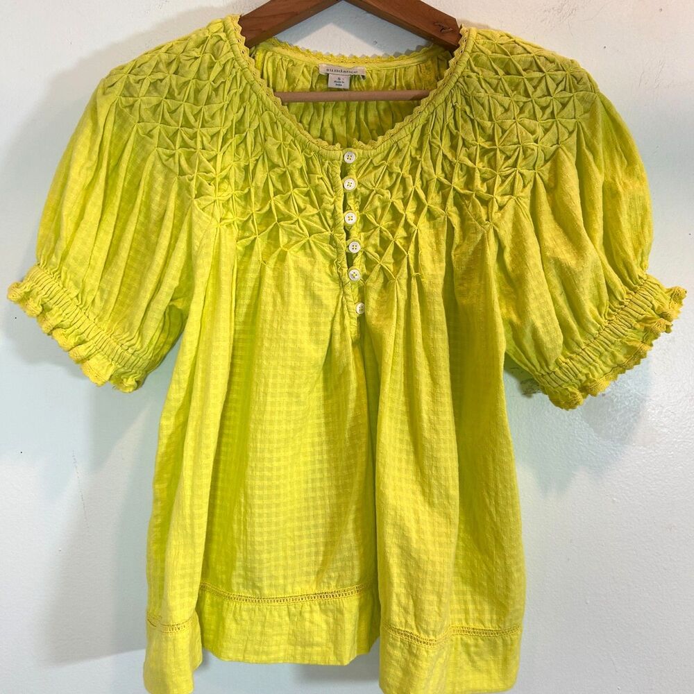Sundance Smocked Chartreuse Bright Green Boxy Top Size S Cottagecore